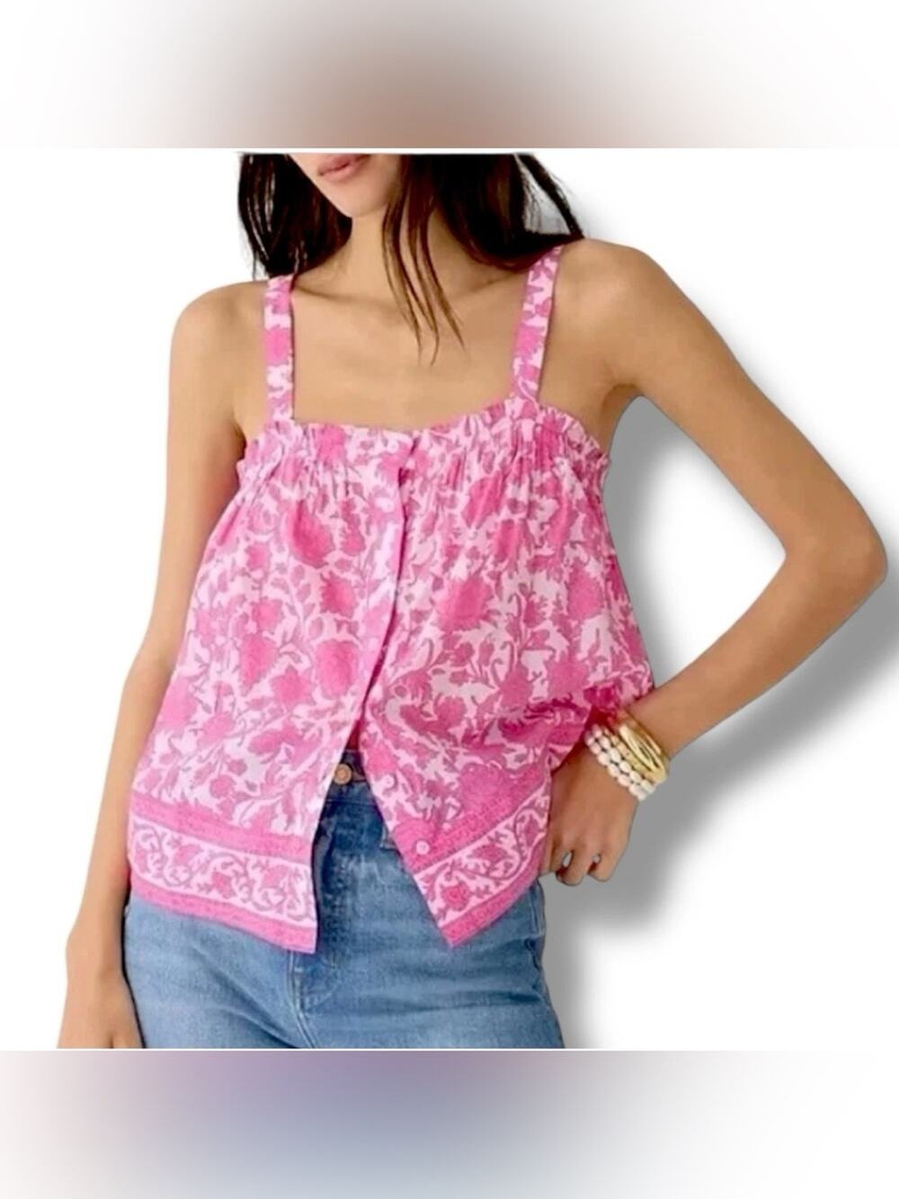 J Crew Preppy Pink Button-front Tank Tiny Rosebud Floral Ruffle lightweight LG.